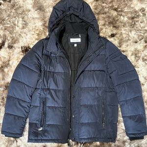 Calvin Klein Men's Medium Navy Puffer Jacket Hooded & Quilted Insulated Coat